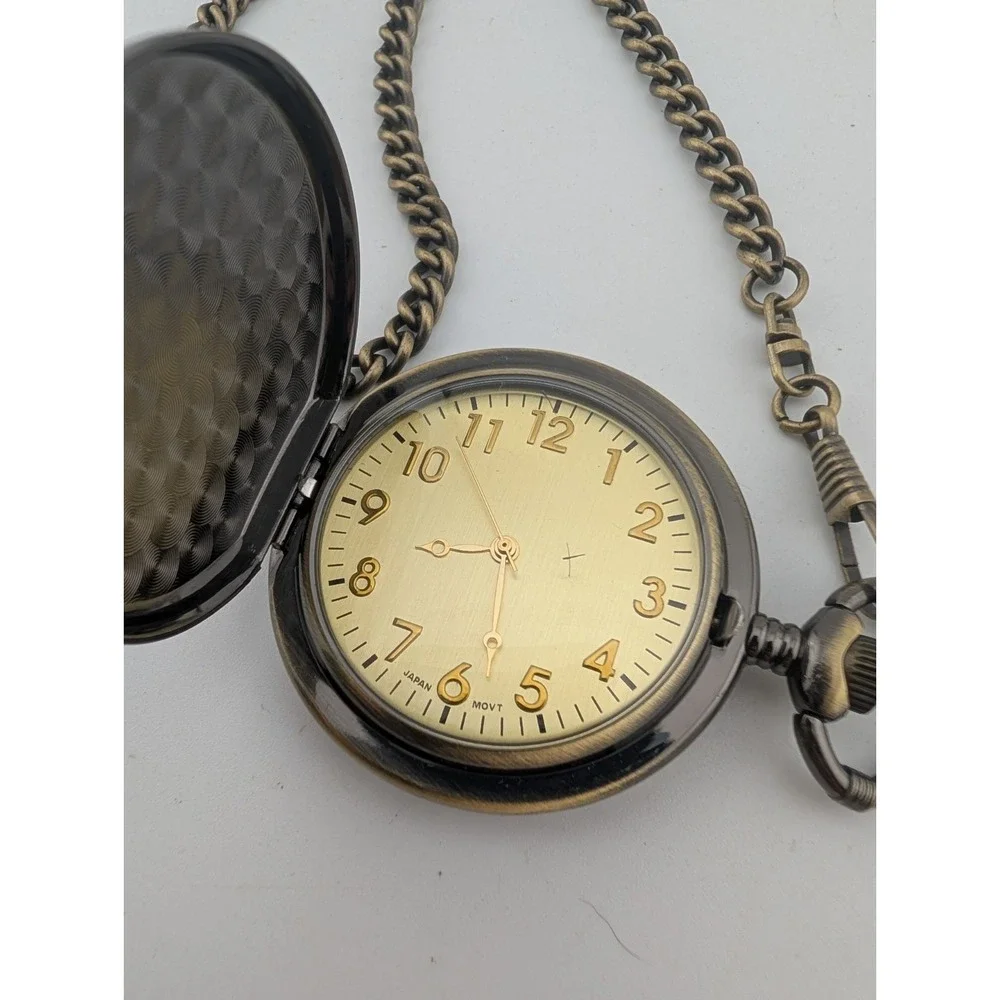 Grandpa Modern Quartz Pocket Watch Men 50mm Chain Gold Dial- New Battery